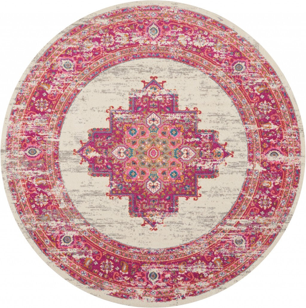 8' Round Ivory And Fuchsia Distressed Area Rug