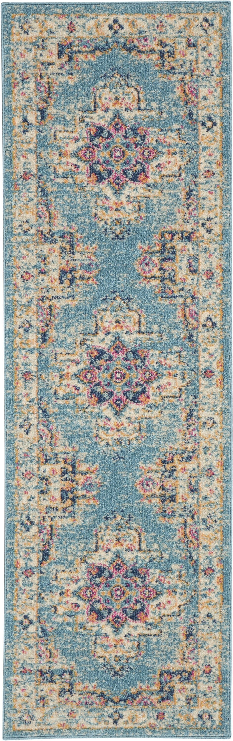 2'X6' Light Blue Distressed Medallion Runner Rug