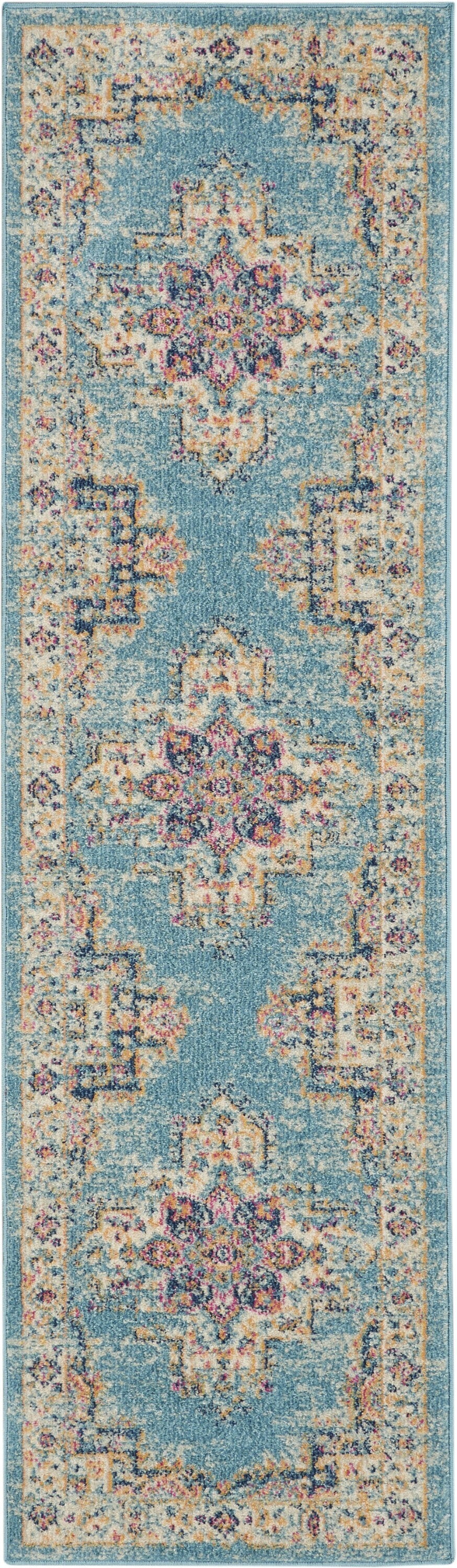 2'X8' Light Blue Distressed Medallion Runner Rug