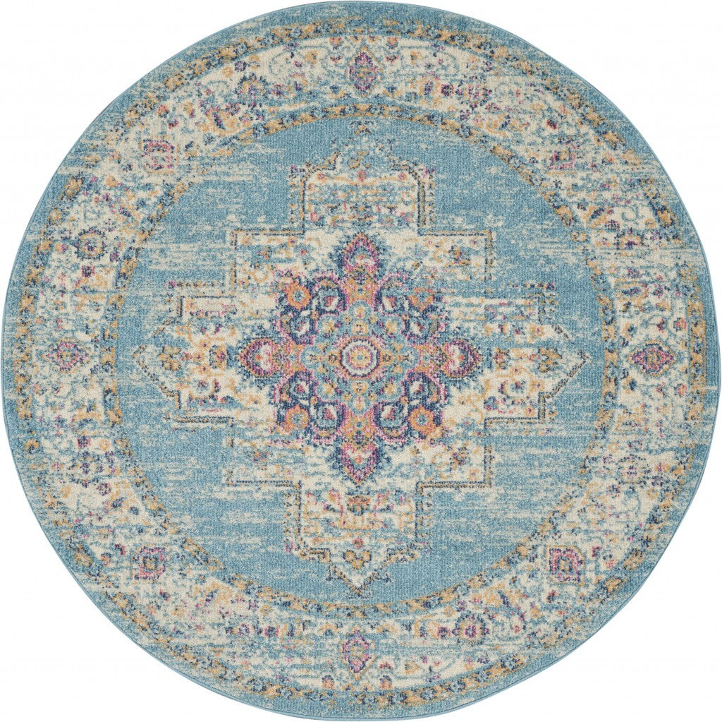 5' Round Light Blue Distressed Medallion Area Rug