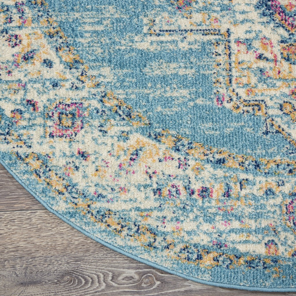 5' Round Light Blue Distressed Medallion Area Rug