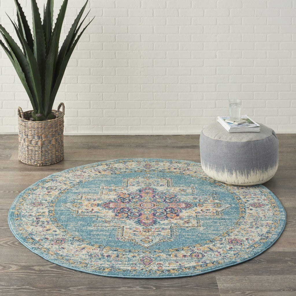5' Round Light Blue Distressed Medallion Area Rug