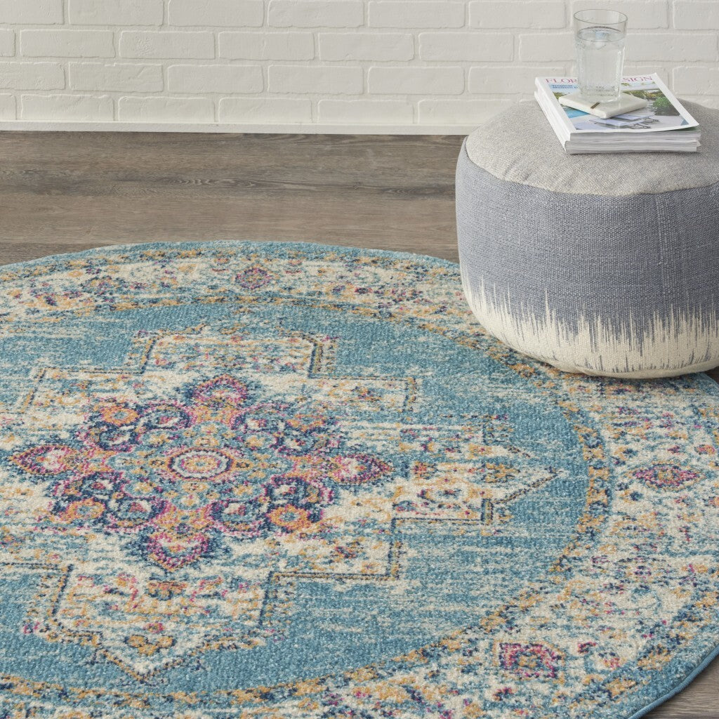 5' Round Light Blue Distressed Medallion Area Rug