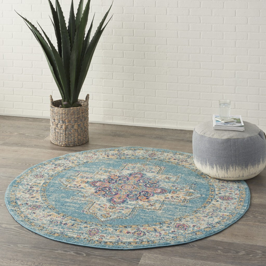 5' Round Light Blue Distressed Medallion Area Rug