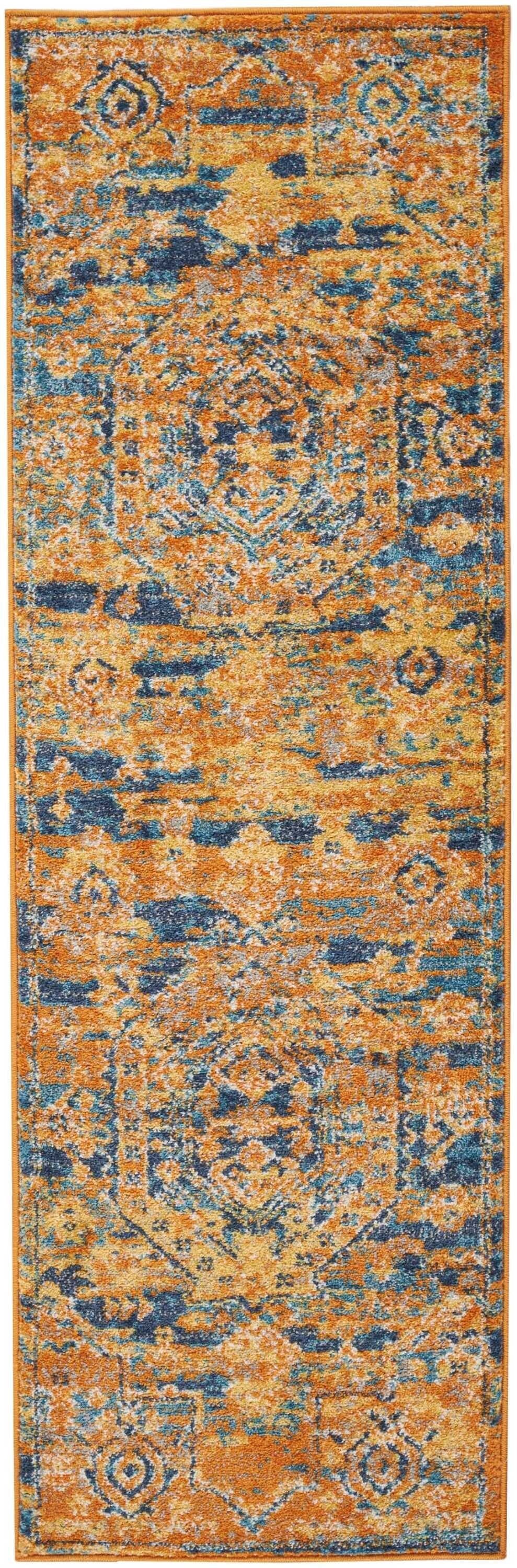 2' X 6' Gold And Blue Antique Runner Rug