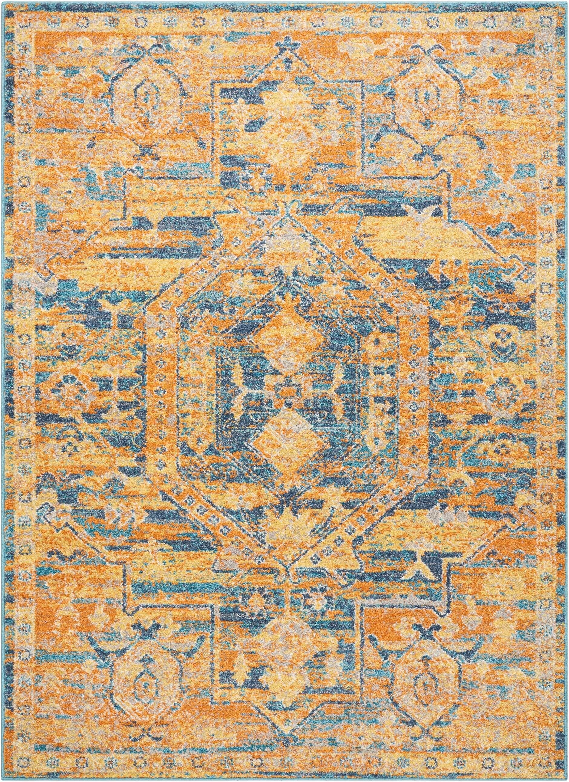 5' X 7' Gold And Blue Antique Area Rug