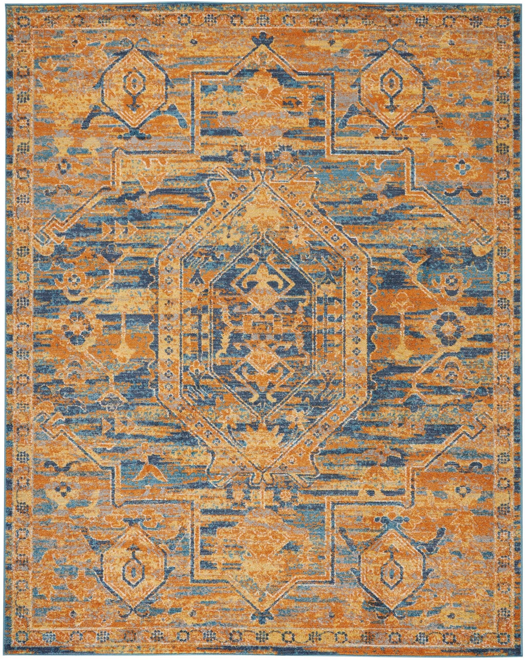 8' X 10' Gold And Blue Antique Area Rug