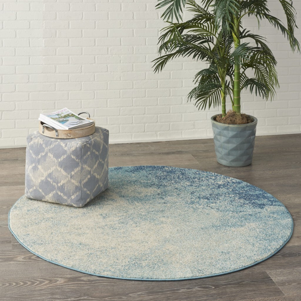 5' Round Light Blue And Ivory Abstract Sky Area Rug