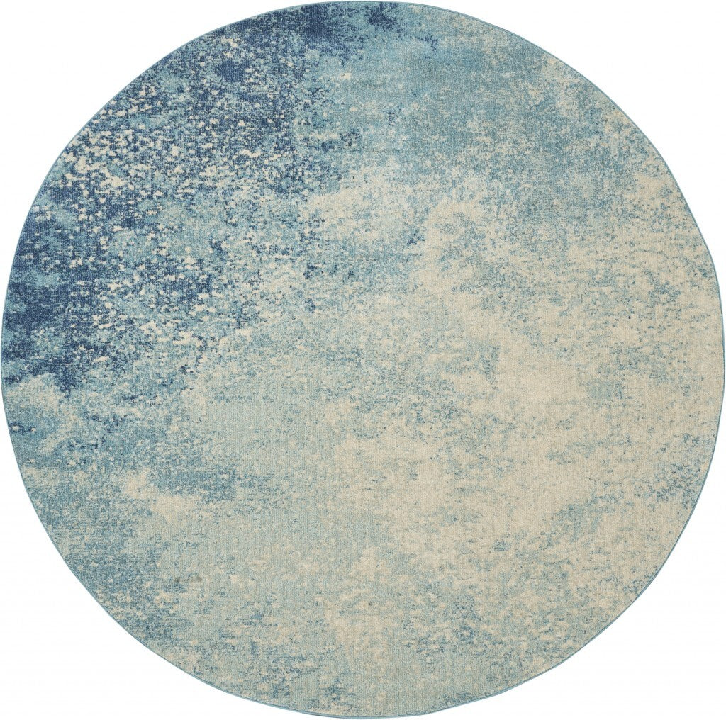 8' Round Light Blue And Ivory Abstract Sky Area Rug