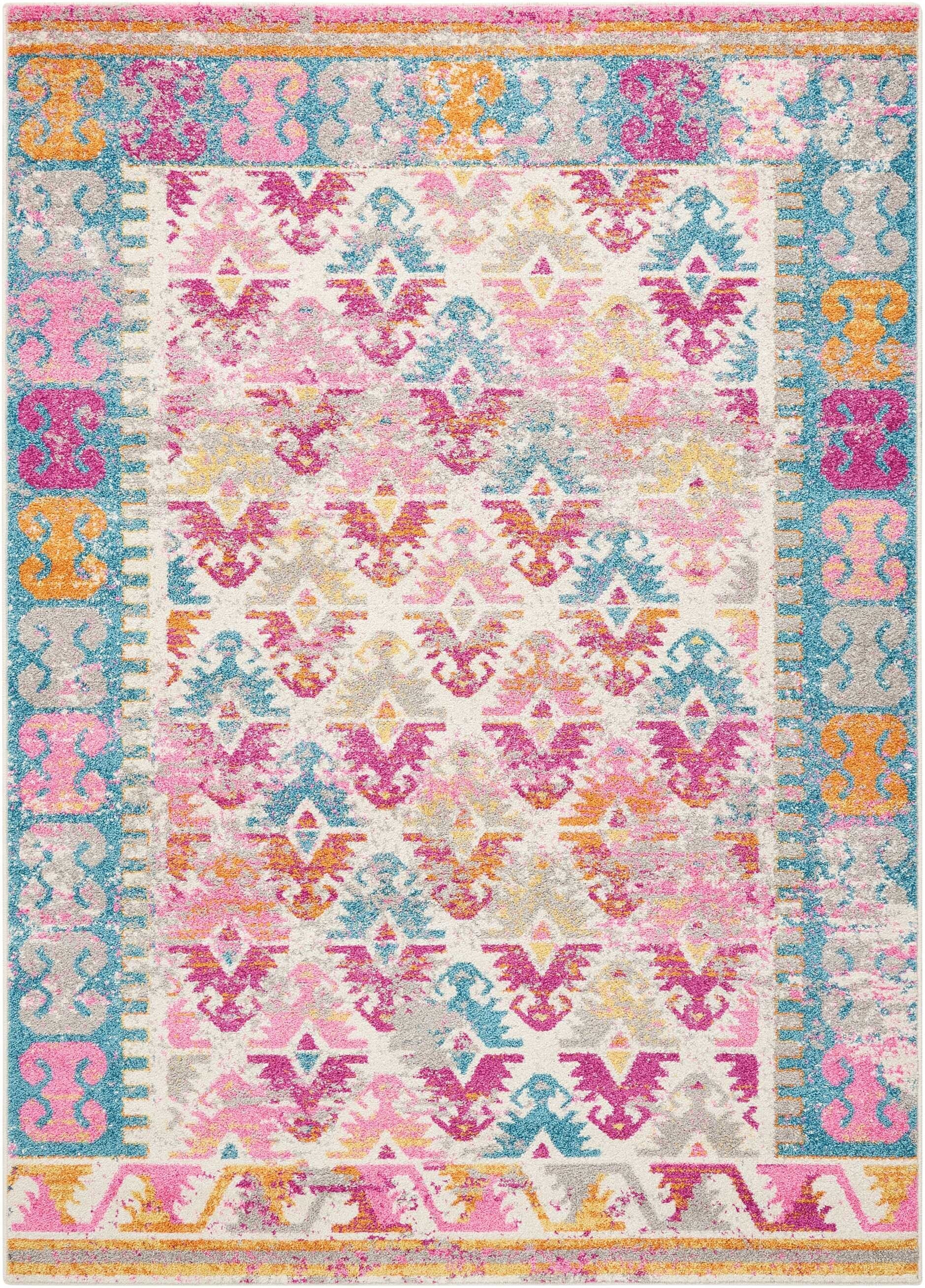 4' X 6' Ivory And Magenta Tribal Pattern Area Rug