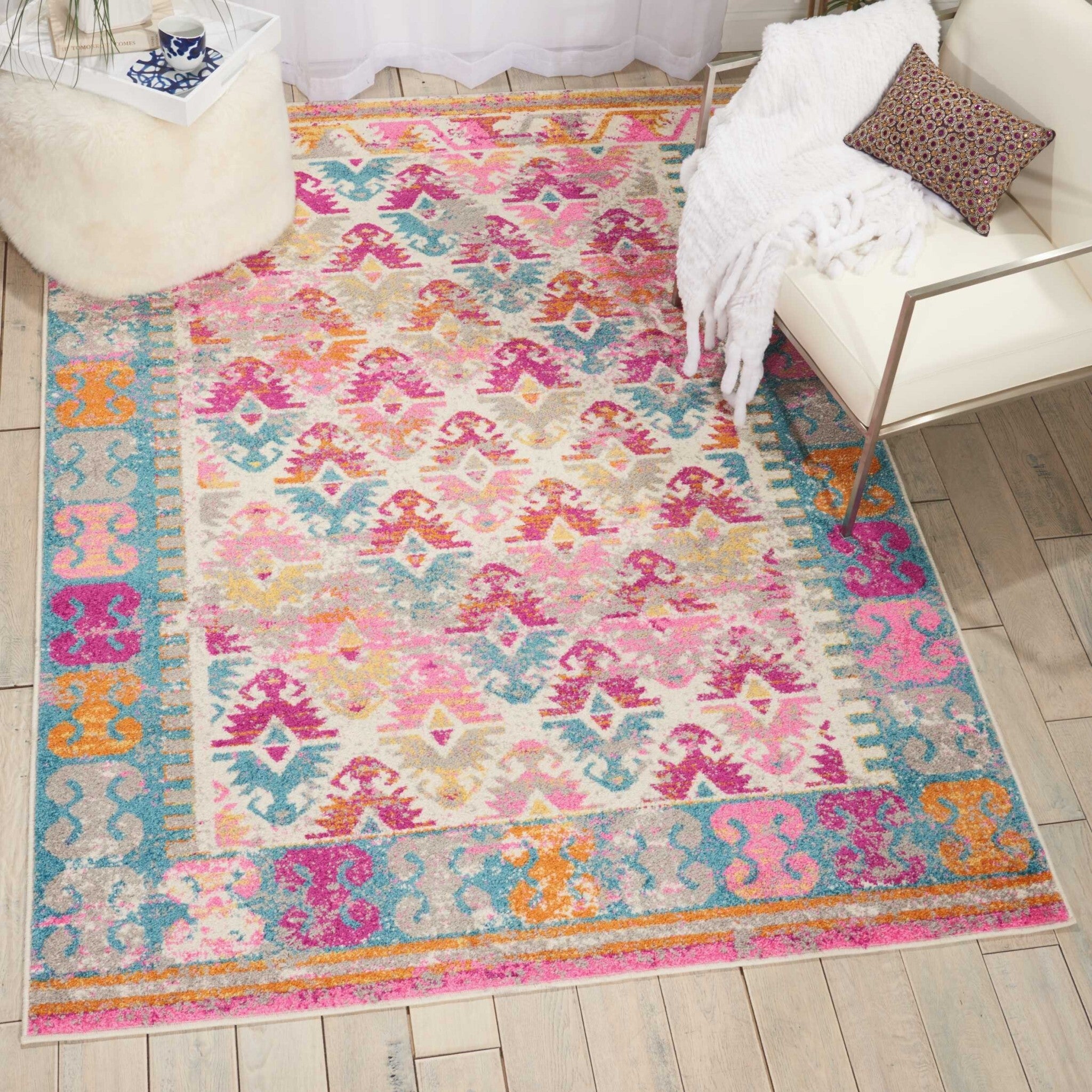 4' X 6' Ivory And Magenta Tribal Pattern Area Rug
