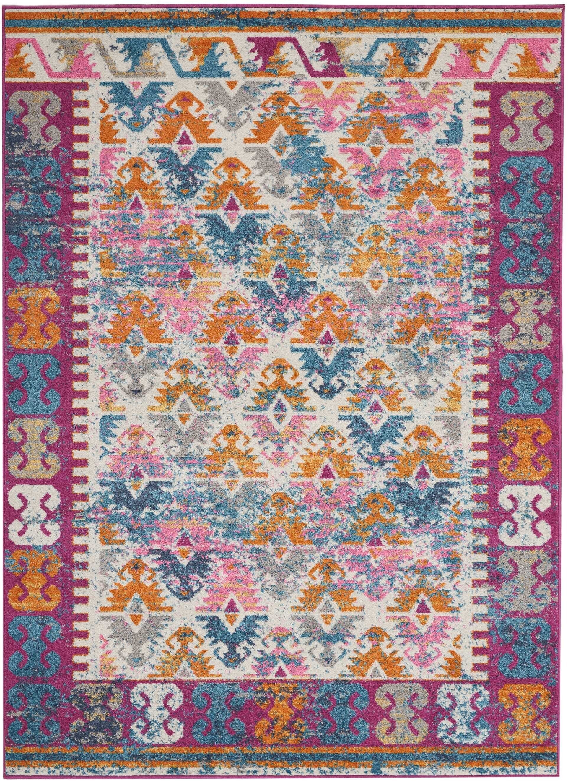 5' X 7' Ivory And Magenta Tribal Pattern Area Rug