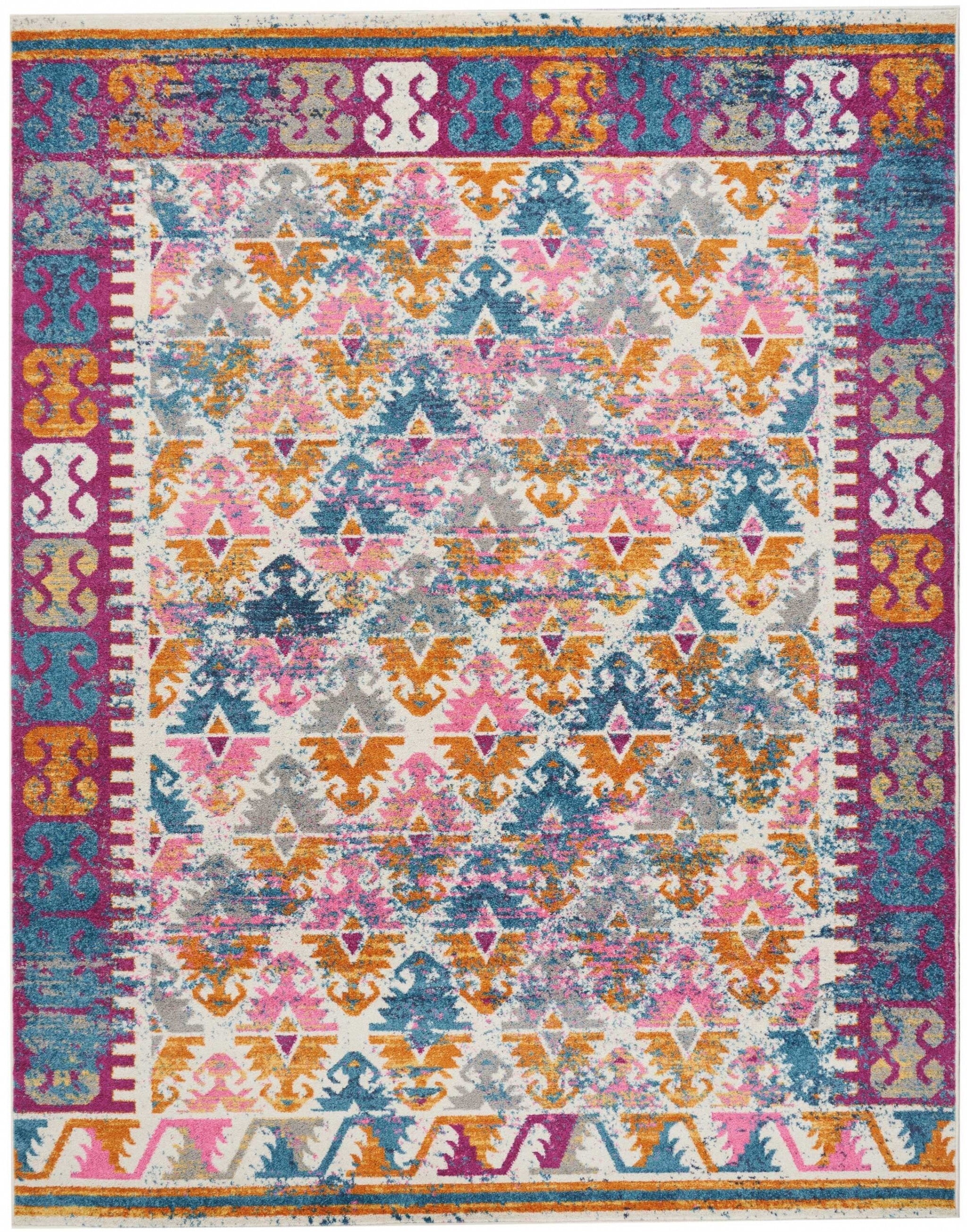 8' X 10' Ivory And Magenta Tribal Pattern Area Rug