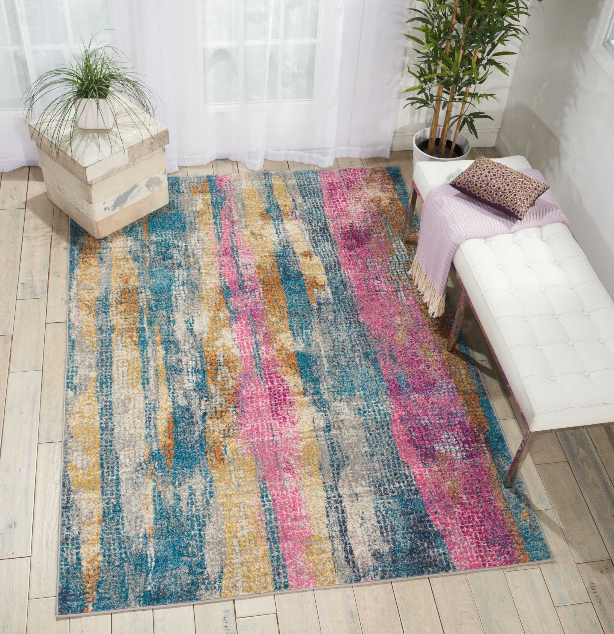 7' X 10' Gray Colorful Abstract Stripes Area Rug