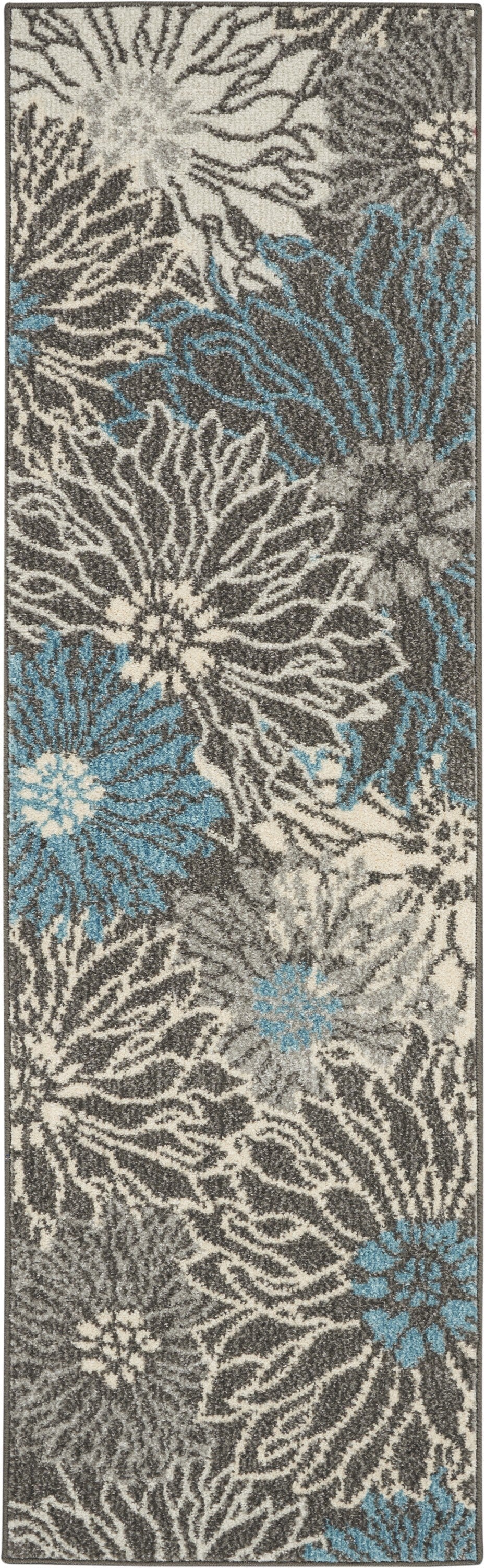 2' X 6' Charcoal And Blue Big Flower Runner Rug