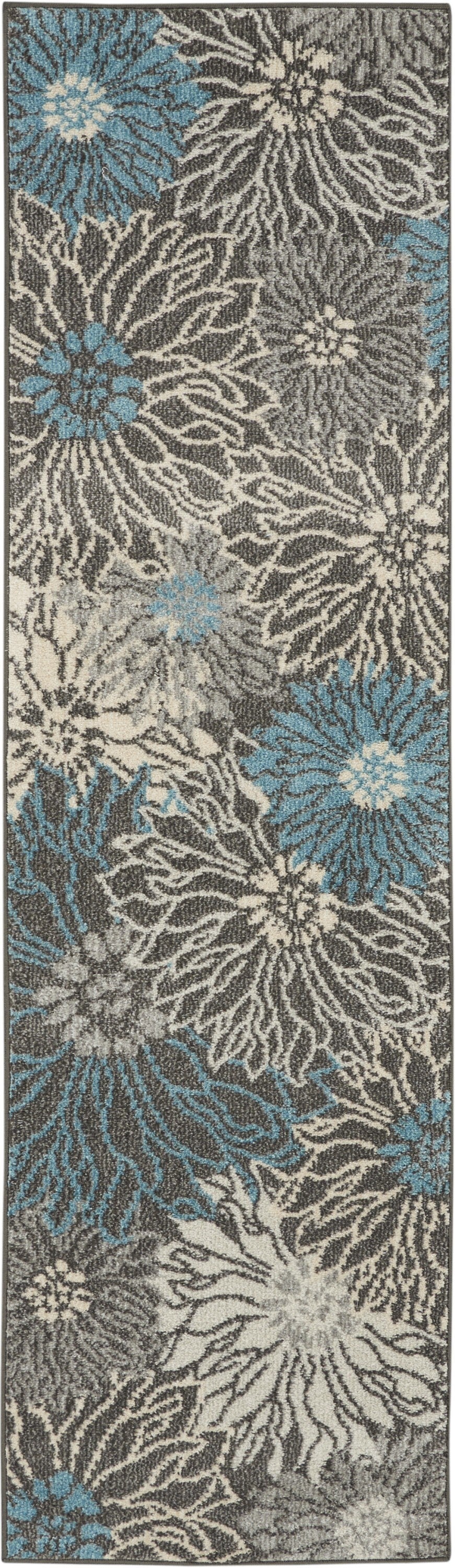 2' X 8' Charcoal And Blue Big Flower Runner Rug