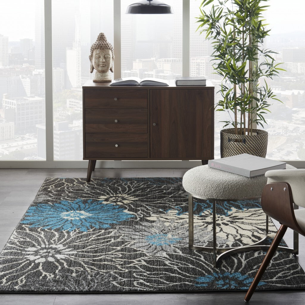 5' X 7' Charcoal And Blue Big Flower Area Rug