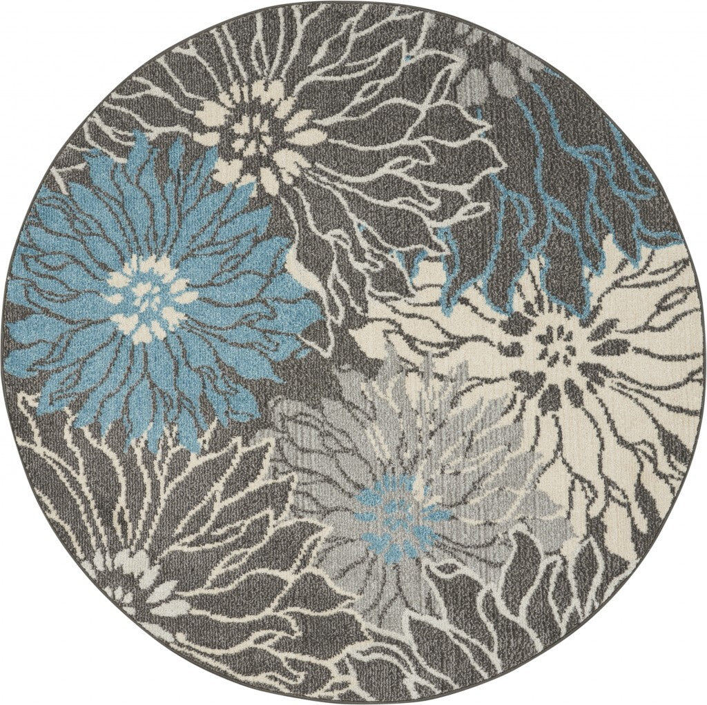 5' Round Charcoal And Blue Big Flower Area Rug