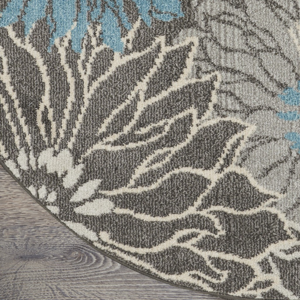 5' Round Charcoal And Blue Big Flower Area Rug