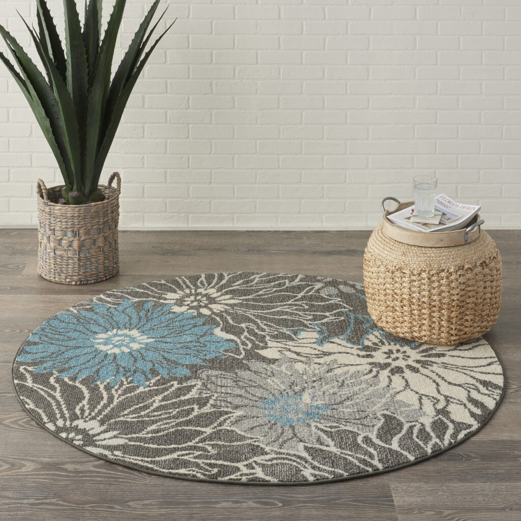 5' Round Charcoal And Blue Big Flower Area Rug