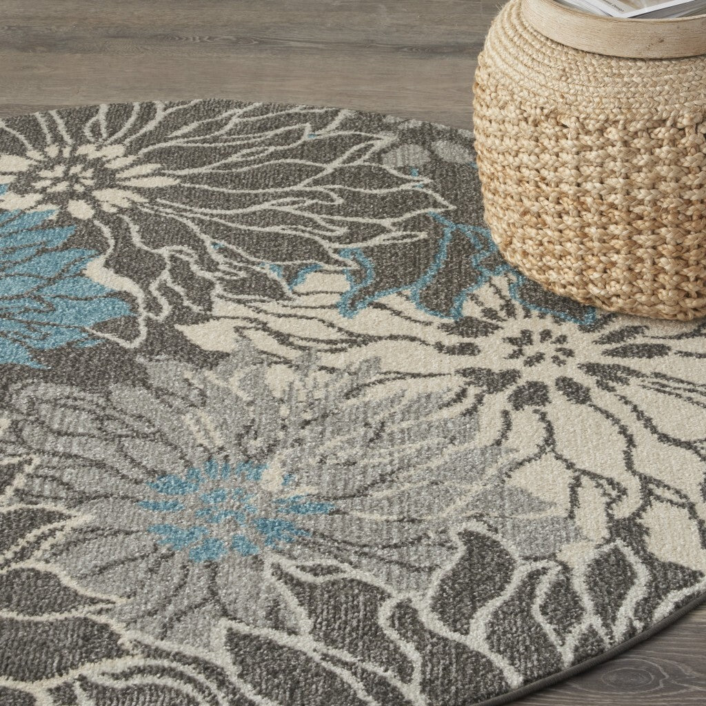 5' Round Charcoal And Blue Big Flower Area Rug