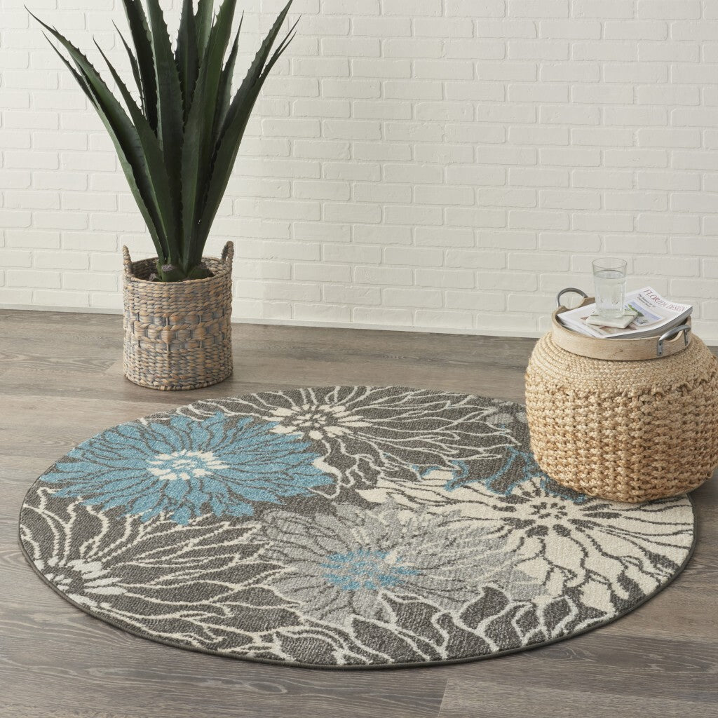5' Round Charcoal And Blue Big Flower Area Rug