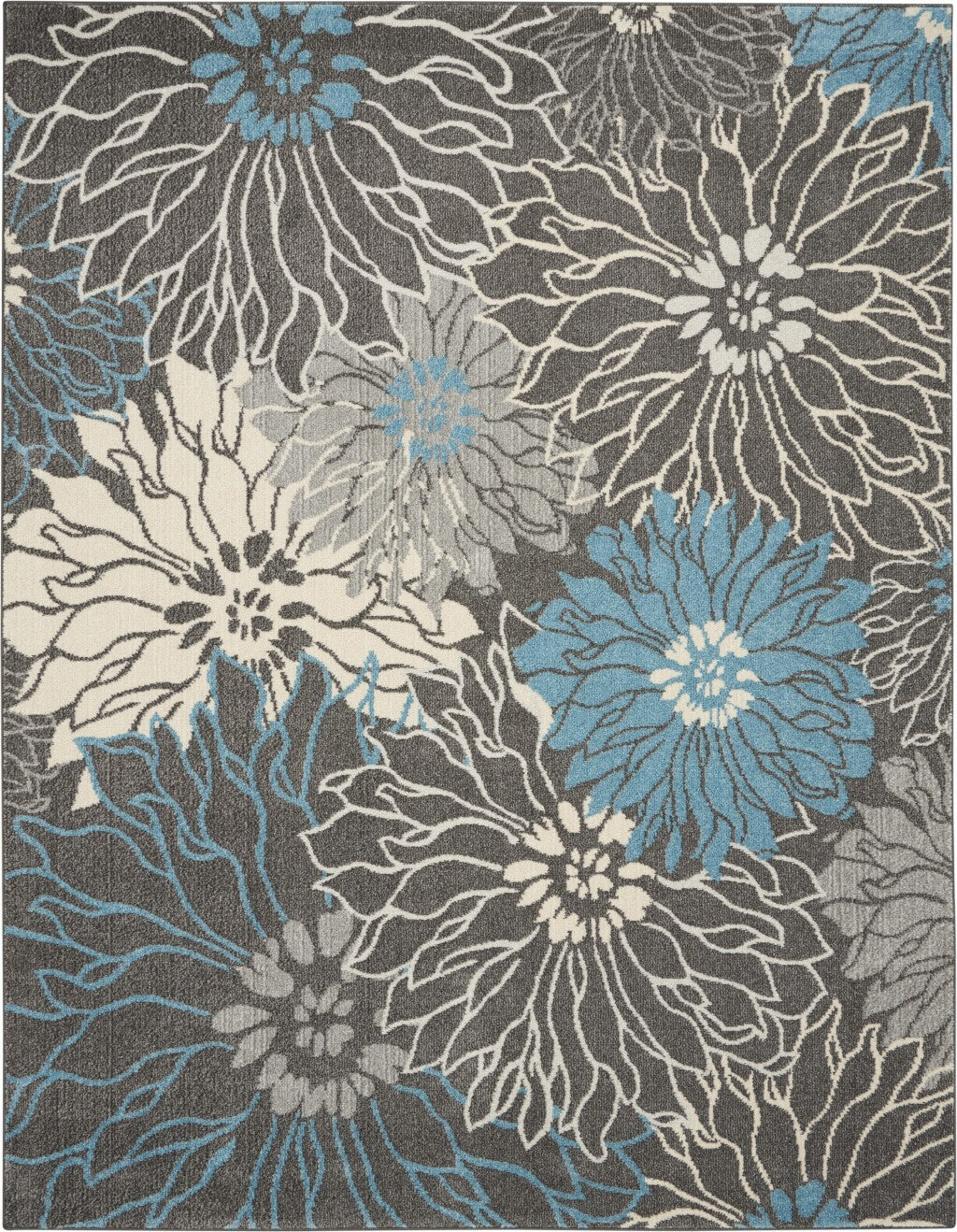 7' X 10' Charcoal And Blue Big Flower Area Rug