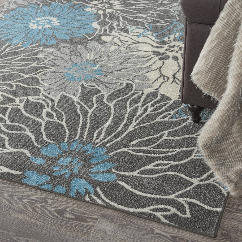 7' X 10' Charcoal And Blue Big Flower Area Rug