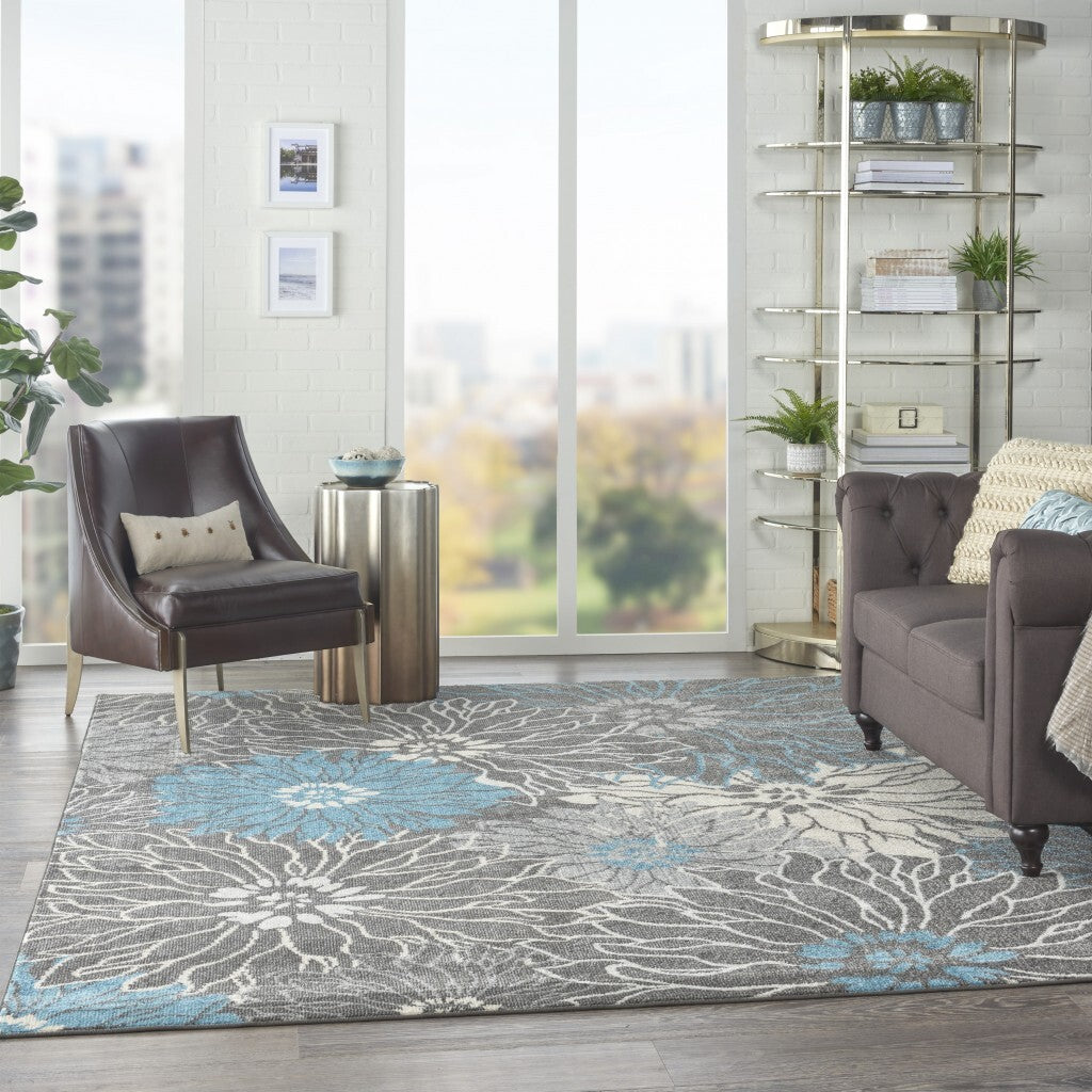7' X 10' Charcoal And Blue Big Flower Area Rug