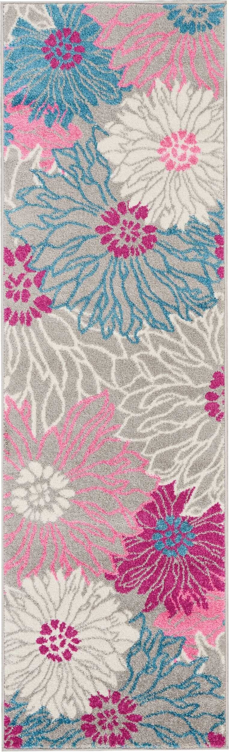 2' X 6' Gray And Pink Tropical Flower Runner Rug