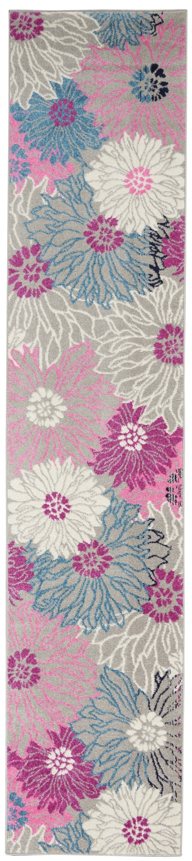 2' X 10' Gray And Pink Tropical Flower Runner Rug