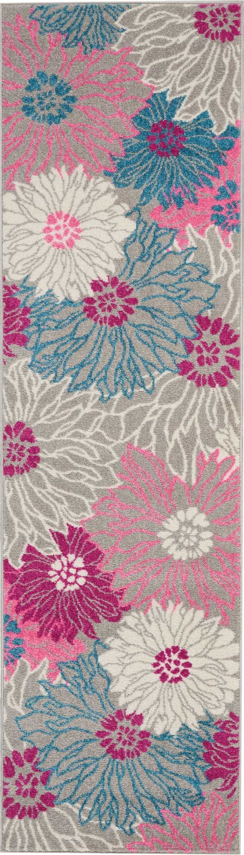 2' X 8' Gray And Pink Tropical Flower Runner Rug