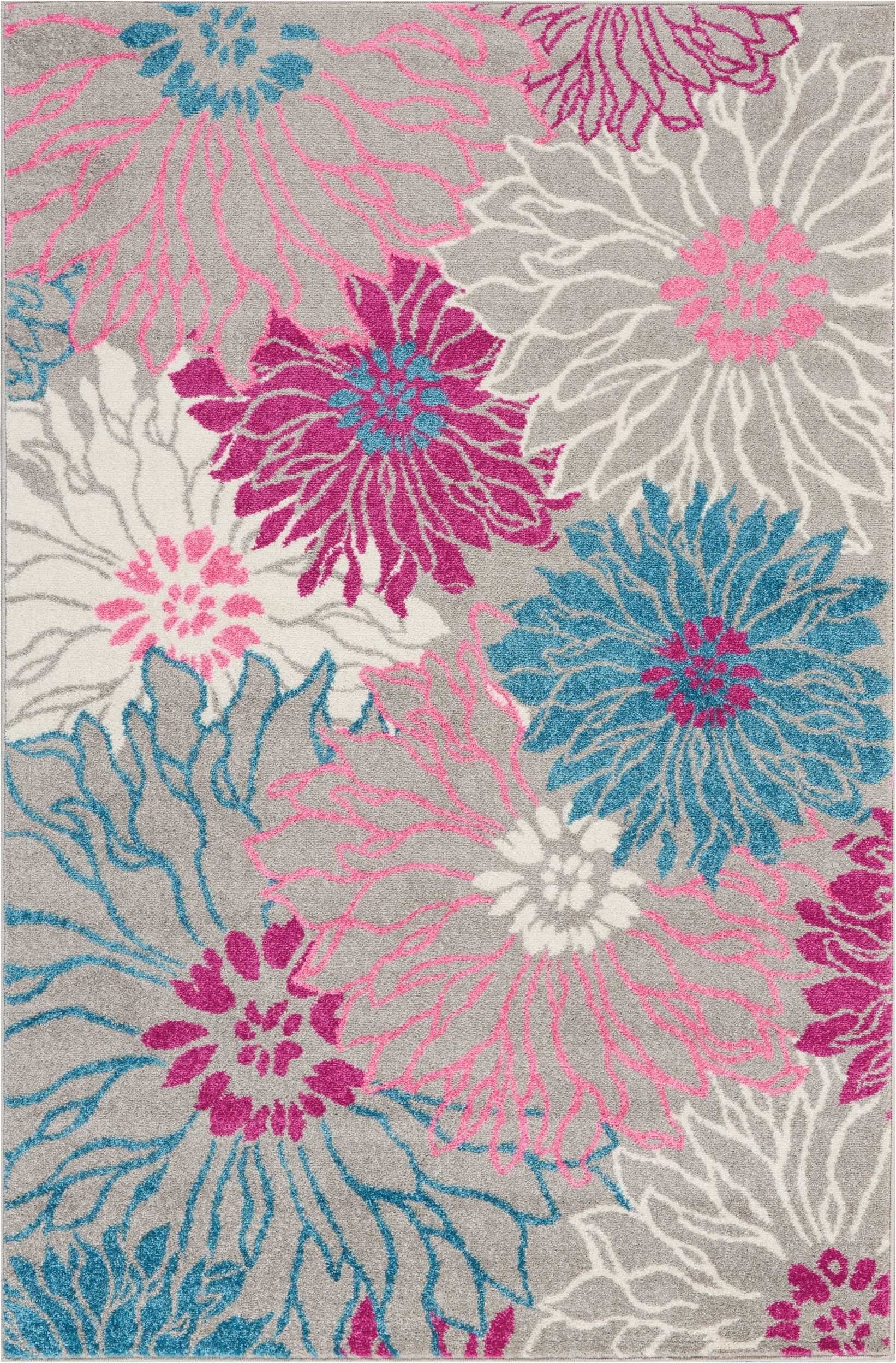 4' X 6' Gray And Pink Tropical Flower Area Rug