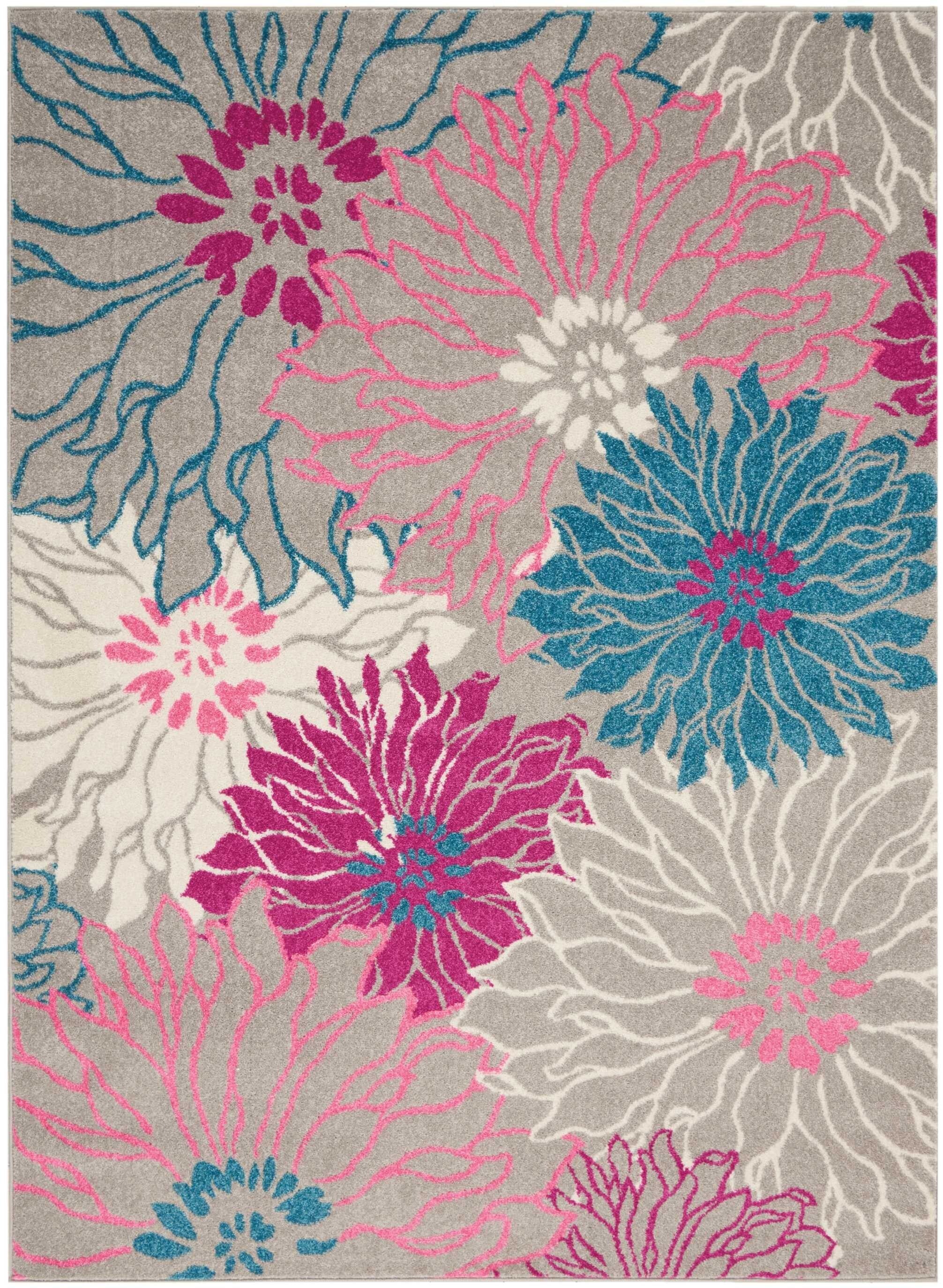 5' X 7' Gray And Pink Tropical Flower Area Rug