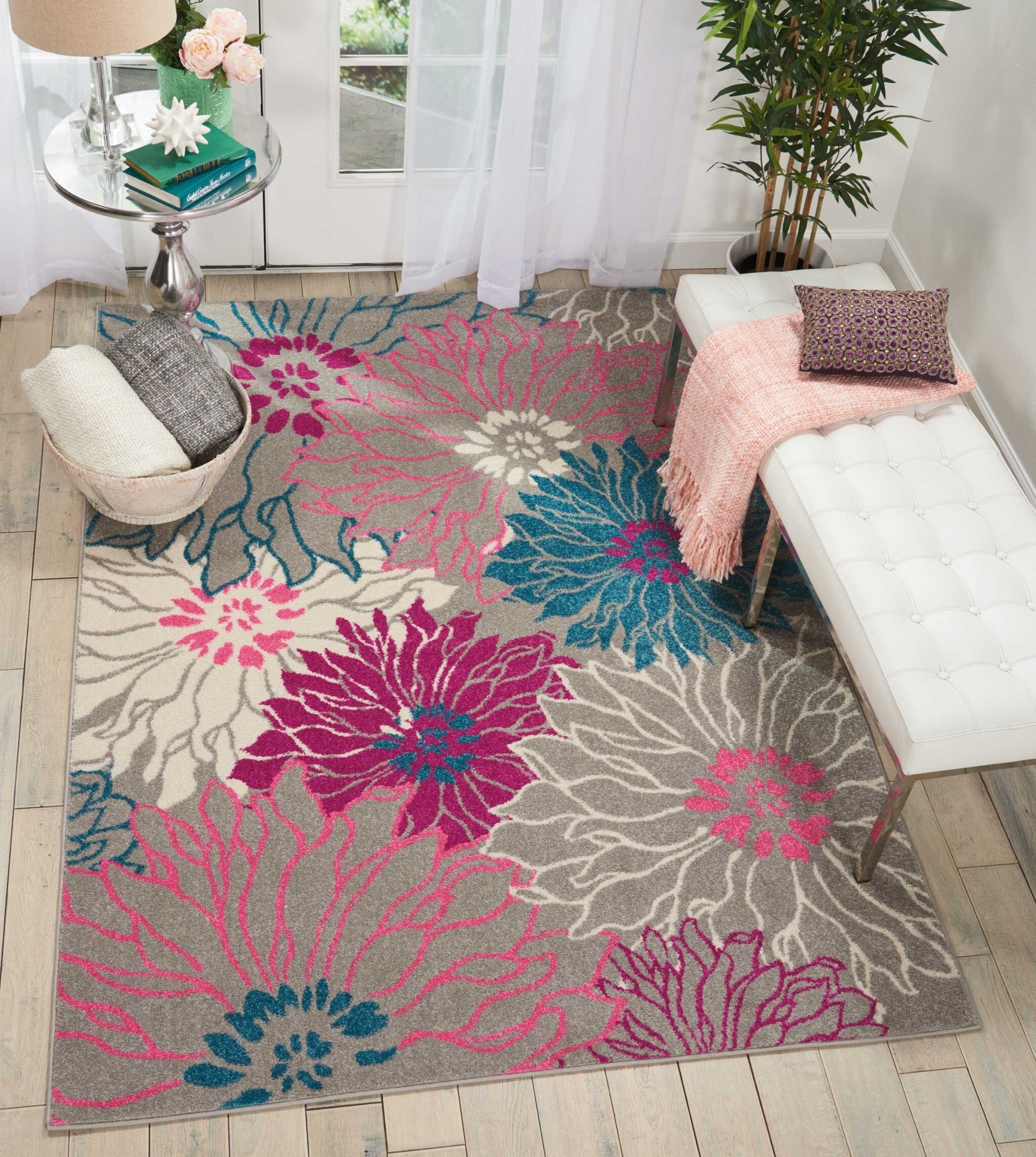 5' X 7' Gray And Pink Tropical Flower Area Rug