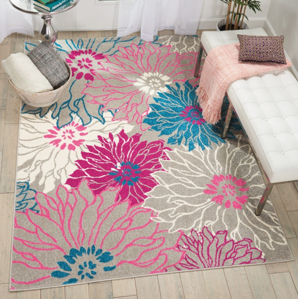 5' X 7' Gray And Pink Tropical Flower Area Rug