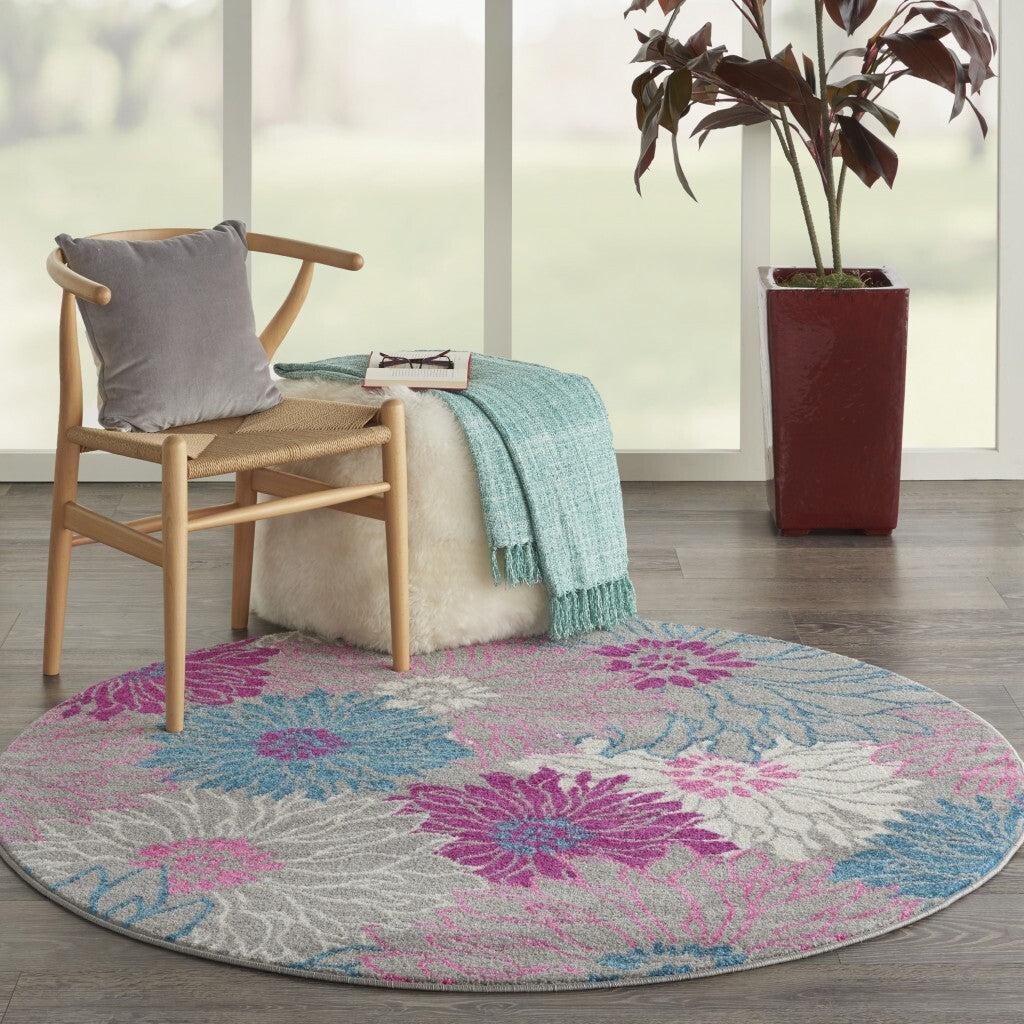 5' Round Gray And Pink Tropical Flower Area Rug
