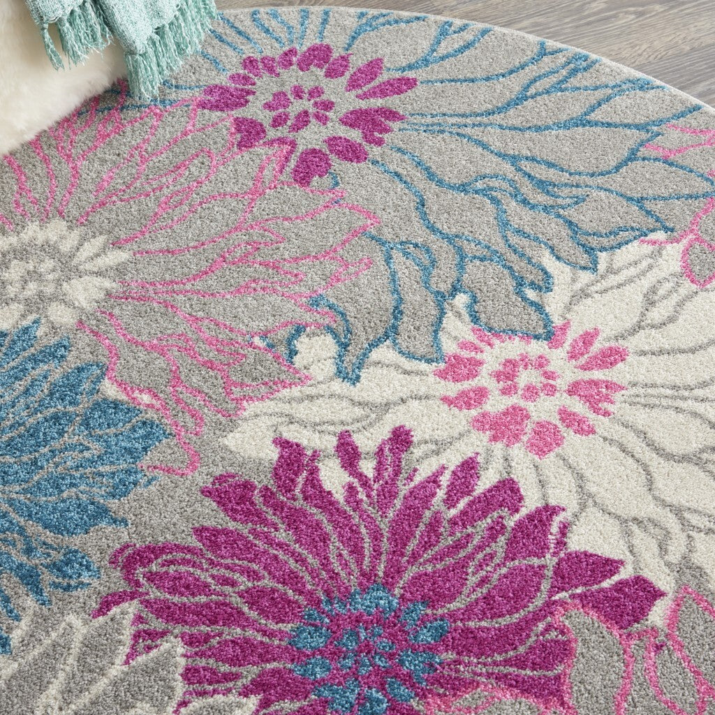 5' Round Gray And Pink Tropical Flower Area Rug
