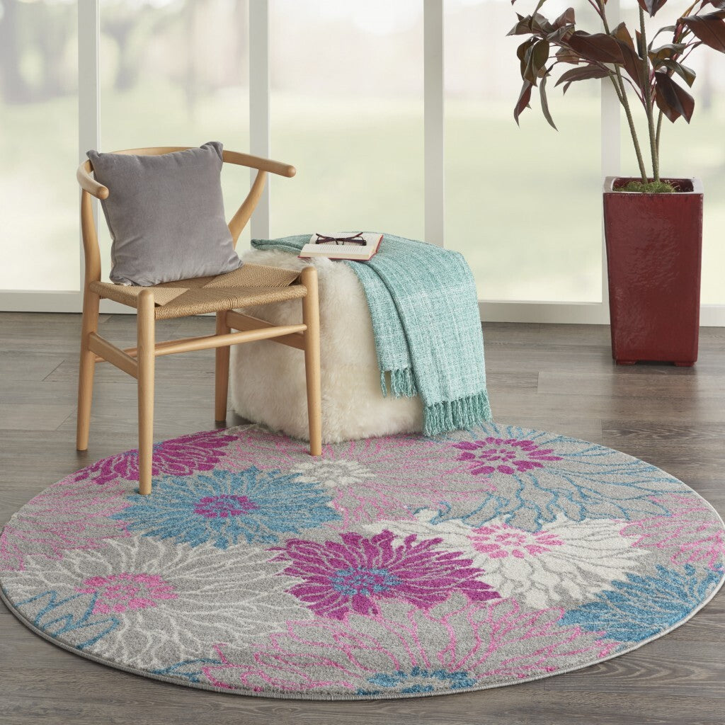 5' Round Gray And Pink Tropical Flower Area Rug