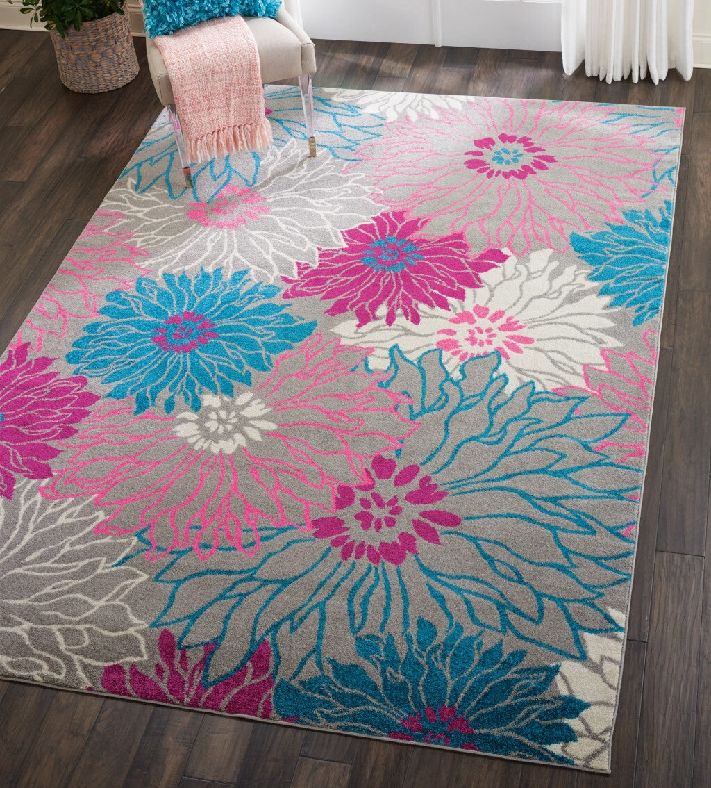 7' X 10' Gray And Pink Tropical Flower Area Rug