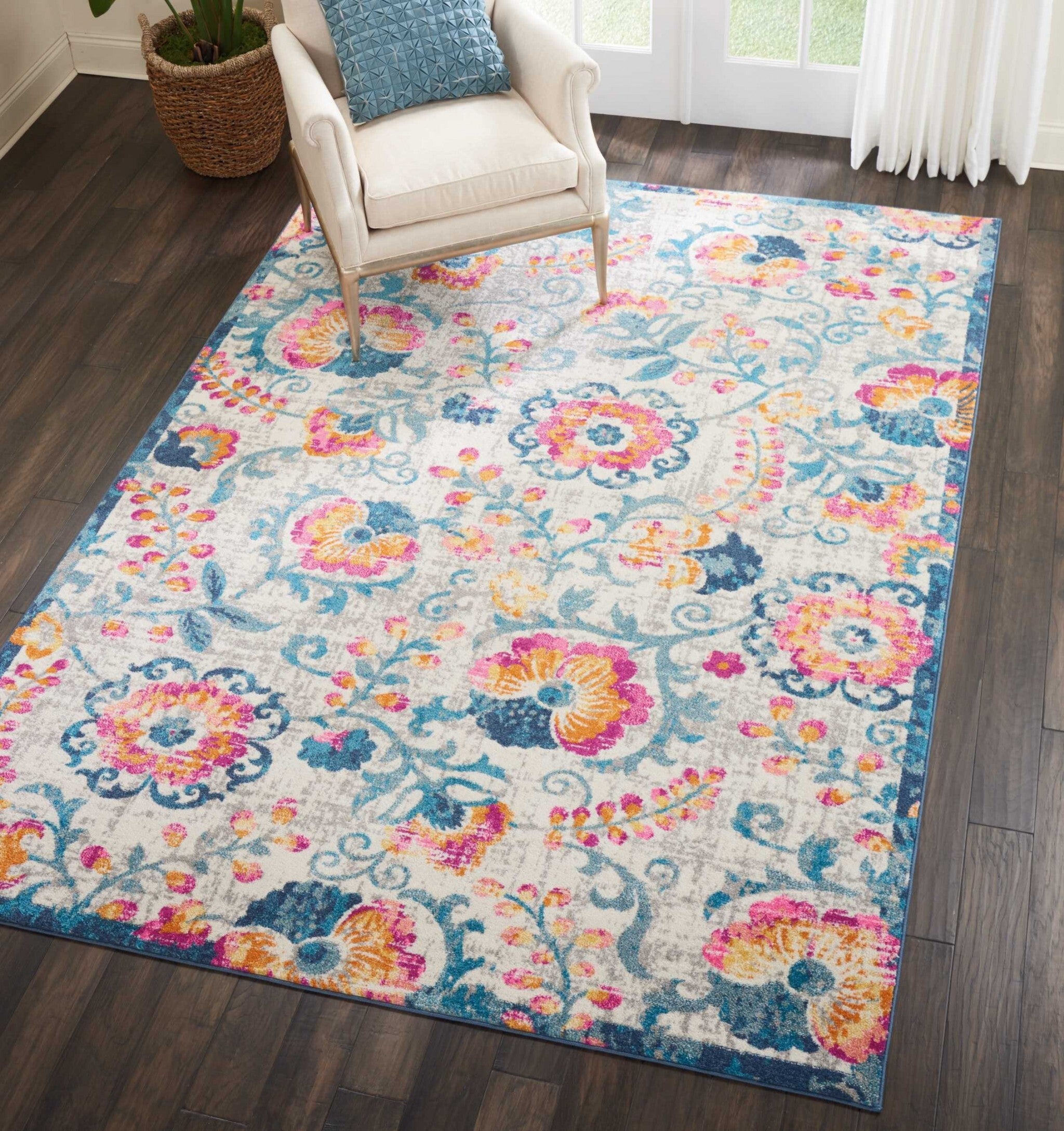 7' X 10' Ivory And Blue Floral Vines Area Rug