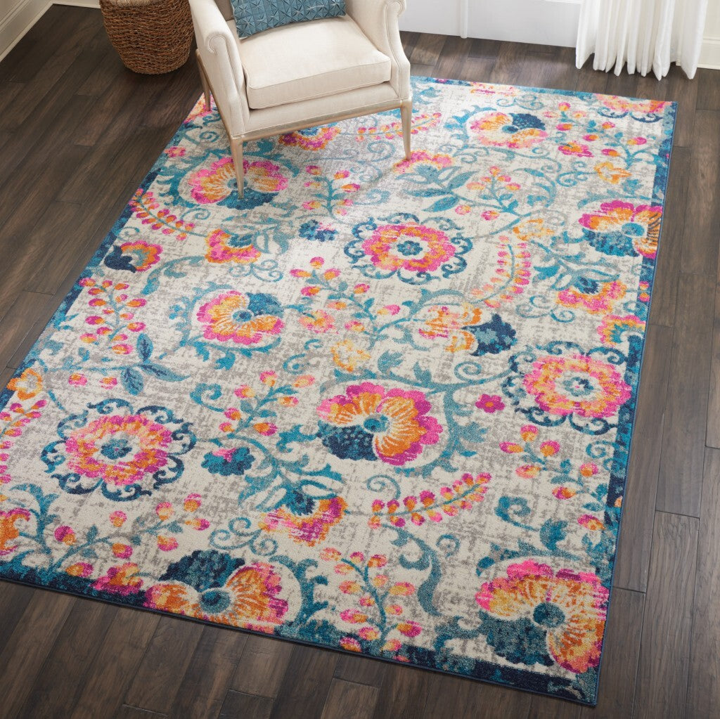 7' X 10' Ivory And Blue Floral Vines Area Rug