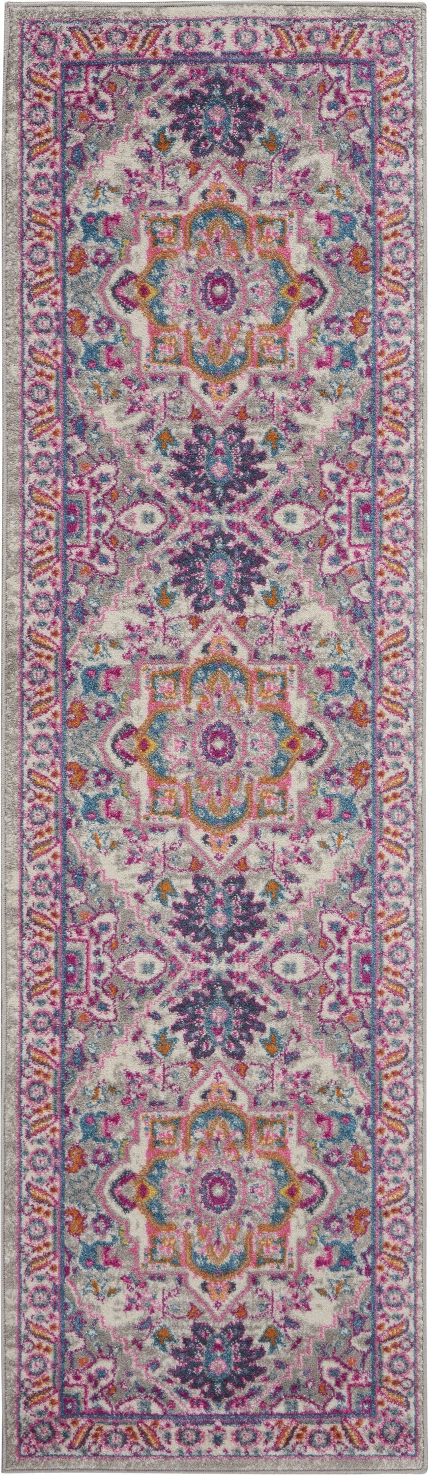 2' X 6' Light Gray And Pink Medallion Runner Rug