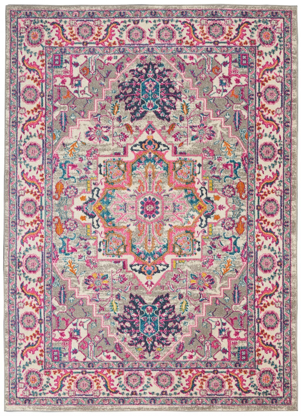 4' X 6' Light Gray And Pink Medallion Area Rug