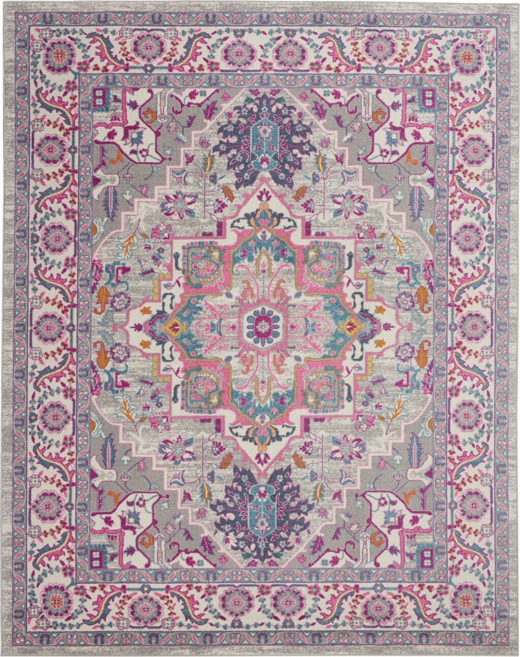 7' X 10' Light Gray And Pink Medallion Area Rug