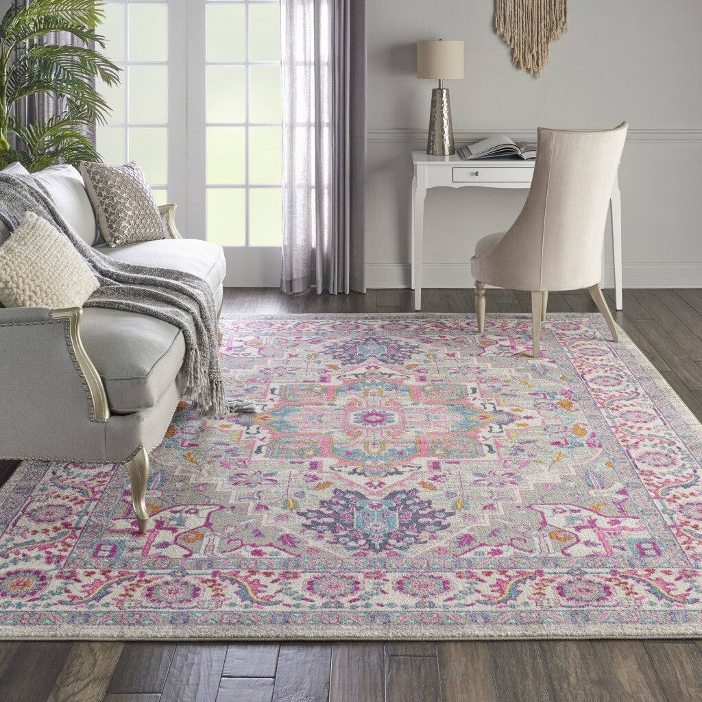 7' X 10' Light Gray And Pink Medallion Area Rug