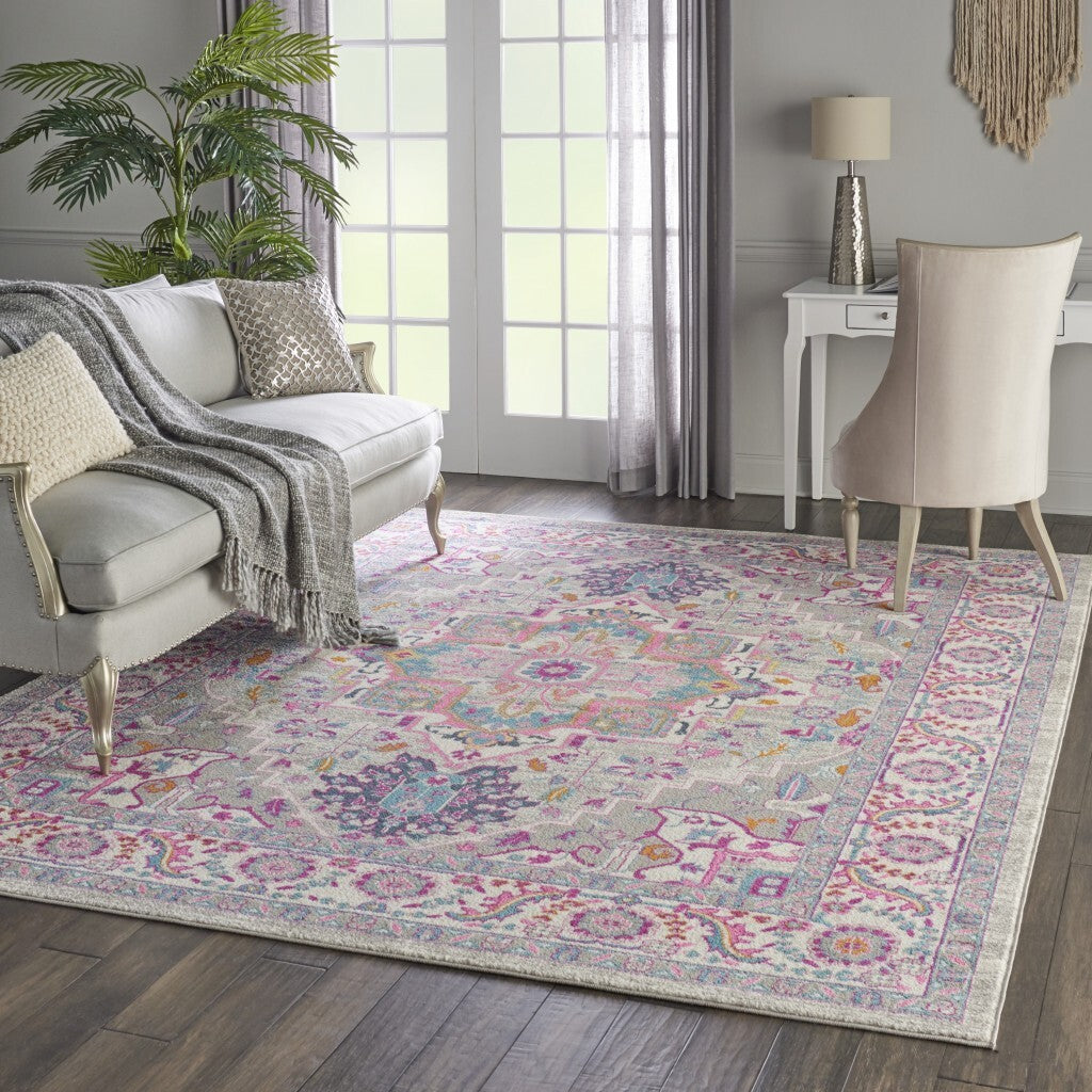 7' X 10' Light Gray And Pink Medallion Area Rug