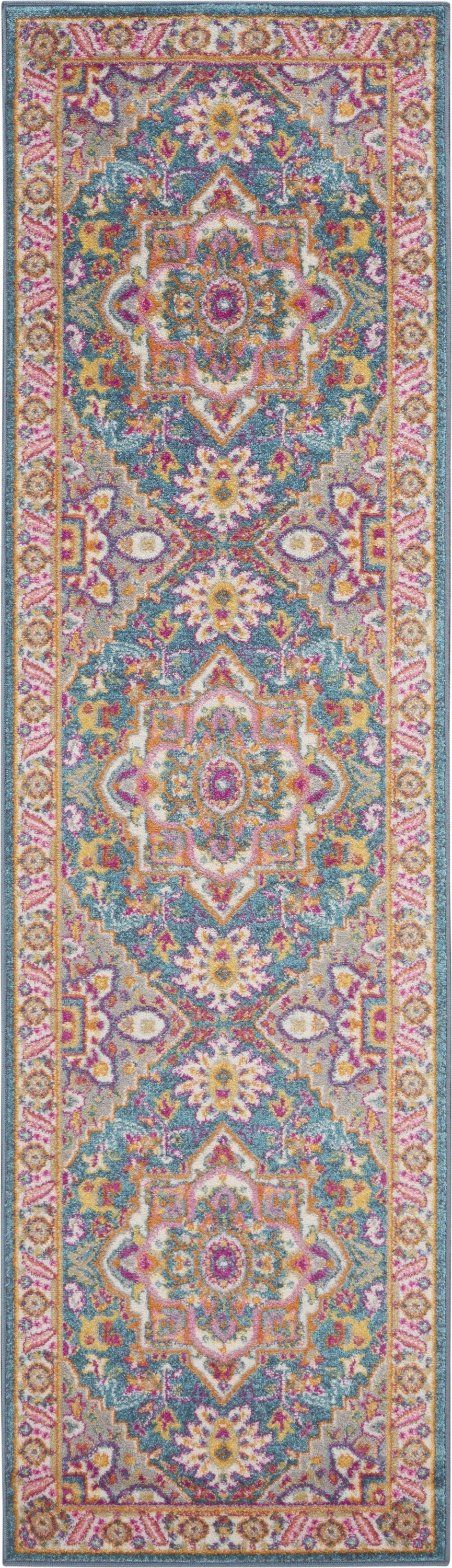 2' X 8' Teal And Pink Medallion Runner Rug