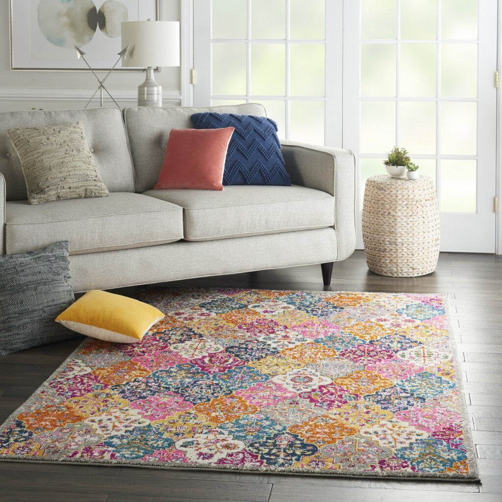 5' X 7' Muted Brights Floral Diamond Area Rug