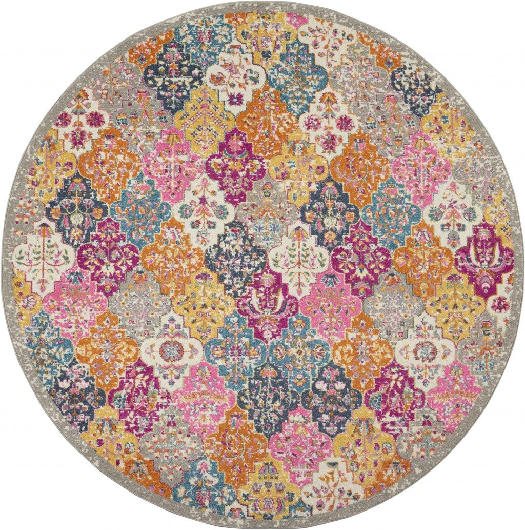 8' Round Muted Brights Floral Diamond Area Rug